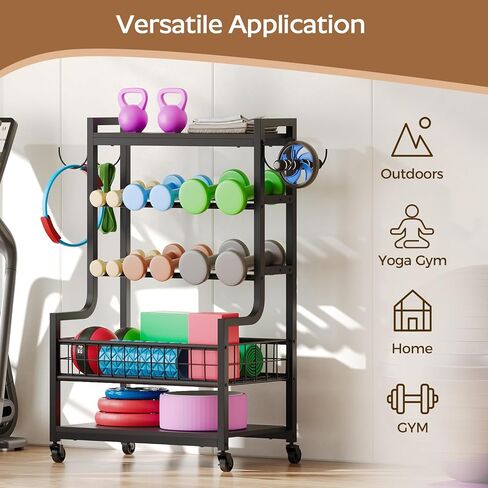 حامل أثقال للدمبل، رف دمبل بعجلات، رف تخزين لصالة الألعاب الرياضية المنزلية، منظمات رف الأثقال للدمبل، أجراس كيتل، تخزين سجادة اليوجا، أسطوانة إسفنجية، مع خطافات، أسود YL01BK in Kuwait