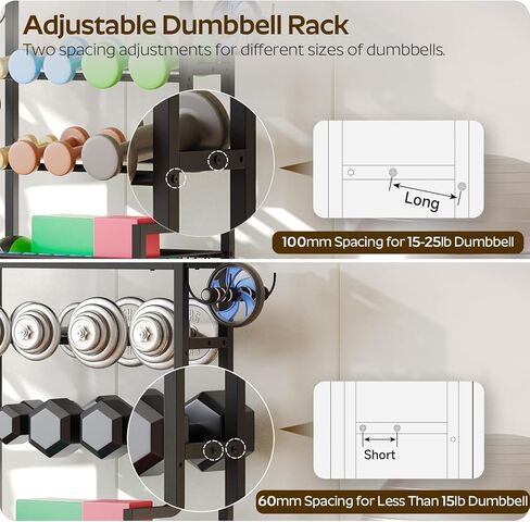 حامل أثقال للدمبل، رف دمبل بعجلات، رف تخزين لصالة الألعاب الرياضية المنزلية، منظمات رف الأثقال للدمبل، أجراس كيتل، تخزين سجادة اليوجا، أسطوانة إسفنجية، مع خطافات، أسود YL01BK in Kuwait