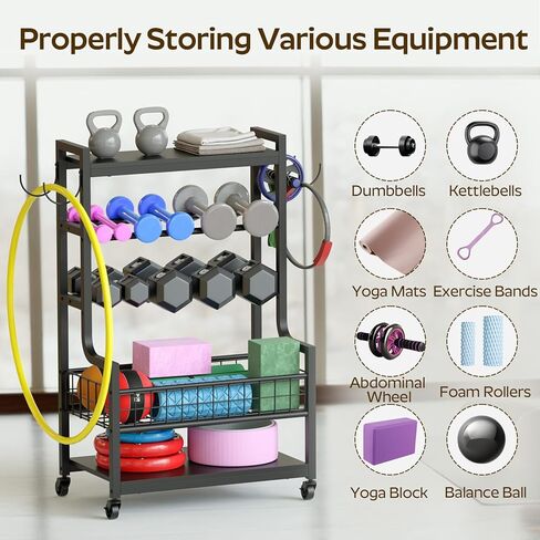 حامل أثقال للدمبل، رف دمبل بعجلات، رف تخزين لصالة الألعاب الرياضية المنزلية، منظمات رف الأثقال للدمبل، أجراس كيتل، تخزين سجادة اليوجا، أسطوانة إسفنجية، مع خطافات، أسود YL01BK in Kuwait