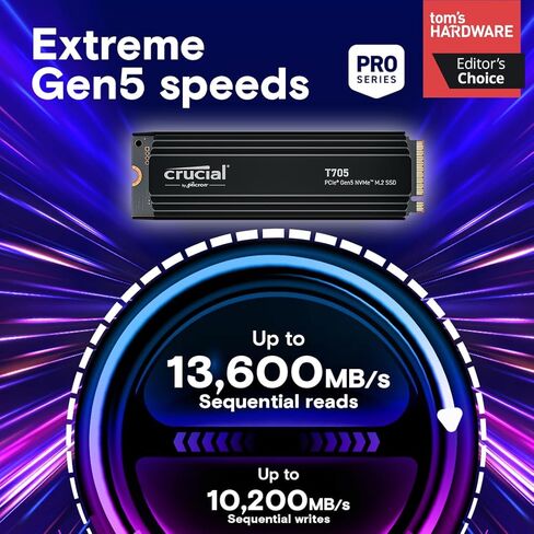 Crucial New 2024 T705 4TB PCIe Gen5 NVMe M.2 SSD - ما يصل إلى 14,100 ميجابايت/ثانية - جاهز للعبة - محرك أقراص الحالة الصلبة الداخلي (كمبيوتر شخصي) - +1 شهر Adobe CC - CT4000T705SSD3 in Kuwait