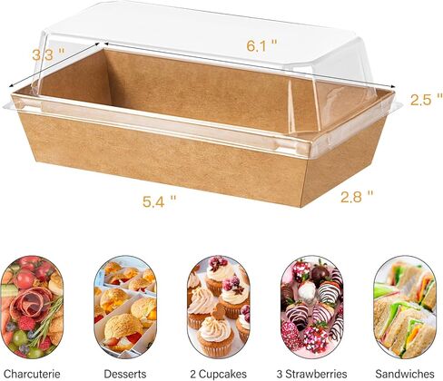 علب حلويات ورقية مقاس 6 × 3 بوصات مع أغطية شفافة، 50 عبوة من صناديق المكافآت الصغيرة لاستخدامها في حاويات الفحم للمخبوزات والساندويتش والفراولة والكعك والكب كيك (بني) in Kuwait