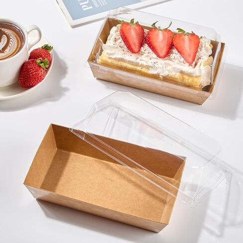 علب حلويات ورقية مقاس 6 × 3 بوصات مع أغطية شفافة، 50 عبوة من صناديق المكافآت الصغيرة لاستخدامها في حاويات الفحم للمخبوزات والساندويتش والفراولة والكعك والكب كيك (بني) in Kuwait