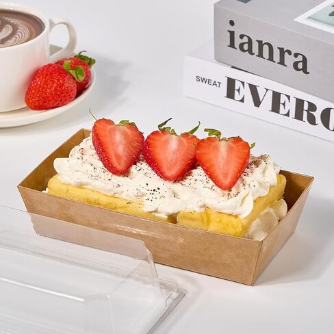 علب حلويات ورقية مقاس 6 × 3 بوصات مع أغطية شفافة، 50 عبوة من صناديق المكافآت الصغيرة لاستخدامها في حاويات الفحم للمخبوزات والساندويتش والفراولة والكعك والكب كيك (بني) in Kuwait