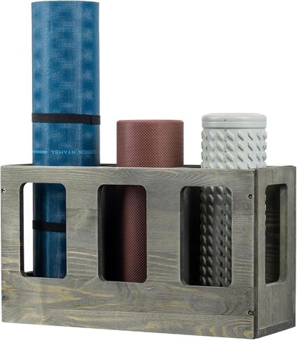 حامل بساط اليوجا من الخشب الصلب باللون الرمادي العتيق مثبت على الحائط من MyGift، منظم تخزين أسطوانة إسفنجية للياقة البدنية، رف بساط تمرين رياضي واقف على الأرض in Kuwait