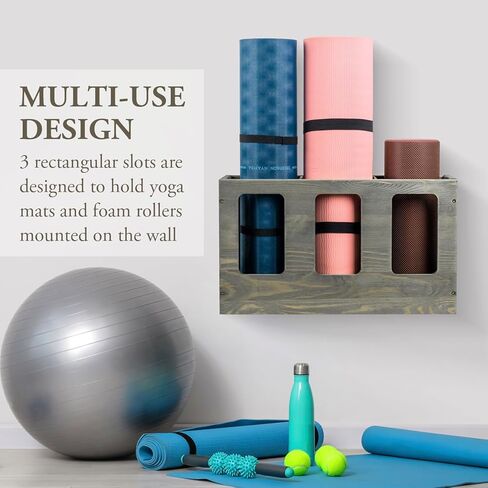 حامل بساط اليوجا من الخشب الصلب باللون الرمادي العتيق مثبت على الحائط من MyGift، منظم تخزين أسطوانة إسفنجية للياقة البدنية، رف بساط تمرين رياضي واقف على الأرض in Kuwait