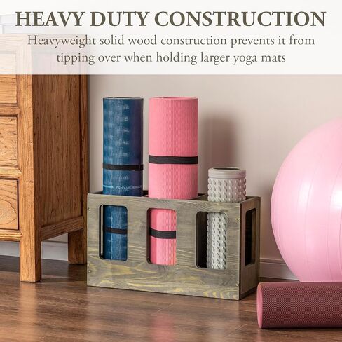 حامل بساط اليوجا من الخشب الصلب باللون الرمادي العتيق مثبت على الحائط من MyGift، منظم تخزين أسطوانة إسفنجية للياقة البدنية، رف بساط تمرين رياضي واقف على الأرض in Kuwait