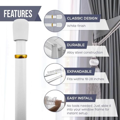 Amazing Drapery Hardware 7/16 Inch White Spring Tension Rods, Set of 2 - Adjustable Length 18-28 Inches - Twist to Fit Curtain Rods for Lightweight Sheer Panels, Sidelight Windows, and Small Spaces in Kuwait