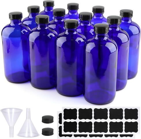 12 Pack 16 oz Amber Glass Bottles, Boston Round Sample Bottles with Black Poly Cone Caps, Labels and Funnels in Saudi Arabia
