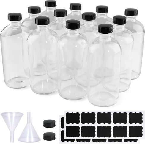 12 Pack 16 oz Amber Glass Bottles, Boston Round Sample Bottles with Black Poly Cone Caps, Labels and Funnels in Saudi Arabia