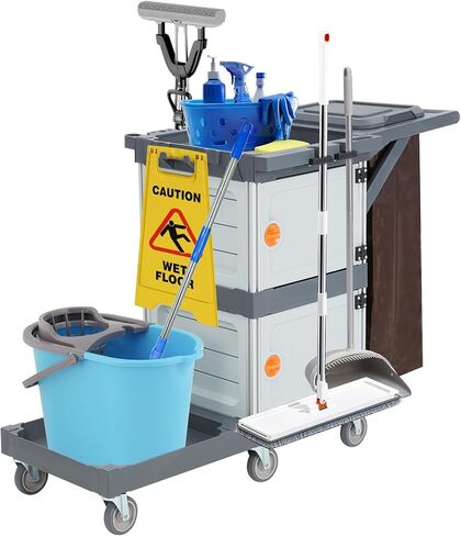 Commercial Janitorial Cart with Cabinet, 3-ply Multi-Purpose Engineered Plastic Housekeeping Cart with 30 Gallon Bag Hand Push Utility Cart, 200 lbs Load Capacity in Saudi Arabia