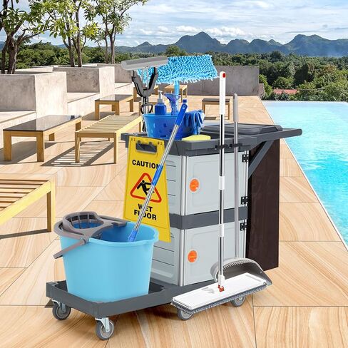 Commercial Janitorial Cart with Cabinet, 3-ply Multi-Purpose Engineered Plastic Housekeeping Cart with 30 Gallon Bag Hand Push Utility Cart, 200 lbs Load Capacity in Saudi Arabia