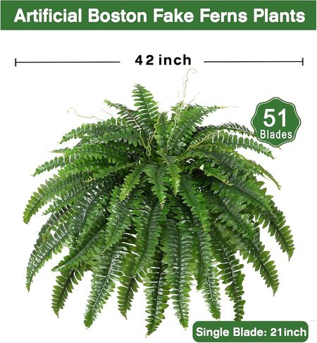 Artificial Boston Fern Bush- Set of 2 Large Artificial Ferns for Outdoors, 42Inch Large Faux Ferns, Suitable for Office & Living Room Decor, 51Branches for Each Bouquet in Saudi Arabia