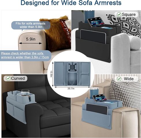 حامل أكواب للأريكة من السيليكون مع جيوب جانبية ذات سعة كبيرة ومضادة للانزلاق ومسند ذراع للأريكة وحامل مشروبات للأريكة وحامل للأريكة مع حامل أكواب لجهاز التحكم عن بعد والوجبات الخفيفة والهاتف المحمول، رمادي فاتح in Kuwait