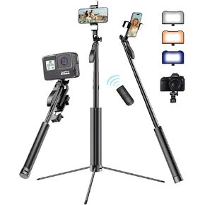 67" Phone Tripod, Selfie Stick Tripod for iPhone with Remote 360° Rotating Balance Handle Iron Phone Stand Tripod with RGB Light, Compatible with iPhone 15/14/13 Pro Max/Android/GoPro