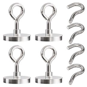 Neodymium Heavy Duty Magnet Hooks, 160lbs Pulling Force Strong Fishing Magnets 1.65 Inch Rare Earth Magnets with Countersunk Hole Eyebolt for Fishing, Workplace, Home (Silver, Pack of 4)