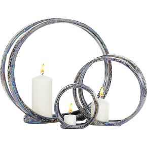 Deco 79 Ceramic Pillar 3 Plate Candle Holder, Set of 3 13", 9", 6"H, Silver