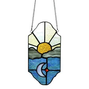 Sun and Moon Suncatchers Decor Stained Glass for Window Hangings,Handcrafted Tiffany Style Stained Glass Art Sun and Moon in The Sky for Living Room Bedroom Balcony (Blue&Yellow)