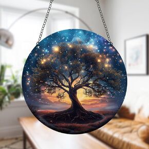 Generic 11.8 Inches Tree of Life Acrylic Window Hanging Decor Stained Glass Panels Stars At Night Scenery Wall Art Mural for Bedroom Garden Wall Decoration Suncatcher Gift for Mom Grandma Teacher
