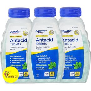 Equate Extra Strength Antacid Chewable Tablets, 750 mg, Wintergreen Flavor, Calcium Enriched, Gas Relief, Peppermint, 96 Ct (Pack of 03) Total 288ct + CreativeAndBundle Sticker