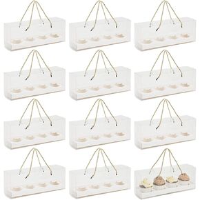 12 Pack Clear Cupcake Boxes with Gold Rope Handle and White Inserts, 4 Compartments (12.7 x 4.7 x 3.6 In)