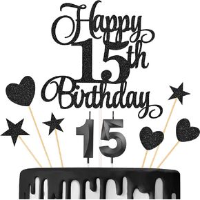 15th Birthday Cake Decorations, 15th Birthday Candles Cake Numeral Candles and Glitter Happy 15th Birthday Cake Toppers Set for Birthday Party Supplies (Blue)