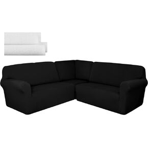 3 Pcs L Shaped Couch Covers for Sectional Sofa Corner Sofa Covers Stretch 5 Seat Washable Corner Sofa Slipcover Corner Sectional Couch Protector for Living Room (Black, Milk Silk)