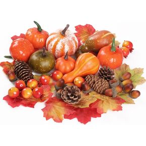 WD&CD 96Pcs Autumn Decorations Pumpkins Set Halloween Decorations Artificial Mini Pumpkins Fake Maple Leaves Pumpkins Acorns Gourds Pomegranate for Thanksgiving Day Fall Home Party Decor