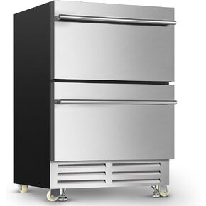 24 Inch Dual Drawer Fridge Under Counter, Stainless Steel Weather-Proof Design Outdoor Beverage Refrigerator for Patio, Freestanding or Built-In Installation, Ideal for Home and Commercial Use
