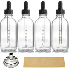 4 oz Dark Amber Dropper Bottles with Measured Dropper 4 Pack - 120ml Glass Tincture Bottles with Graduated Eye Droppers for Essential Oils, Liquids - Leakproof for Travel - with 1 Funnel & 4 Labels