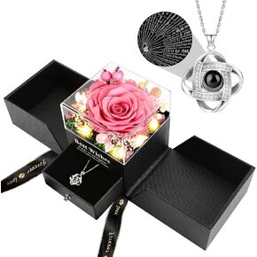 Preserved Rose Flower Gifts with I Love You Necklace, Eternal Flowers Rose for Christmas,Valentines, Mothers Day, Anniversary,Wedding, Birthday Gifts for Women, Mom,Wife,Girlfriend,Grandma-Pink