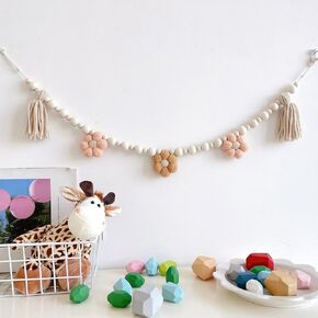 Boho Tassel Garland with Wooden Beads，for Home and Outdoor Decor， Daisy Wooden Tassel Garland Decor Pastel Tassel Garland，Tassel Garland Tassel Wall Hanging Decor Pastel Tassel Banner，Birthday Party