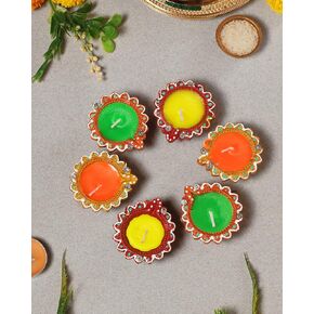 Set of 6 Diwali Wax Diya Decoration Item Gift Terracotta Colorful Handmade Decorative Clay Diya Wax Lamp Diwali Gift Box Navratri Puja Festival Lighting Indian Oil Lamp
