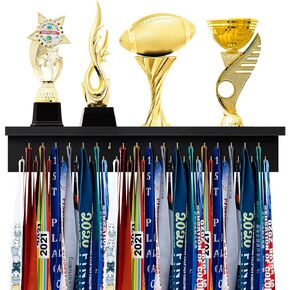 Wooden Medal Holder Display Trophy Hanger Shelf with Hooks Medal Holder for Wall Mount Ribbon Shelf Gift for Gymnastics Running Race Soccer Awards