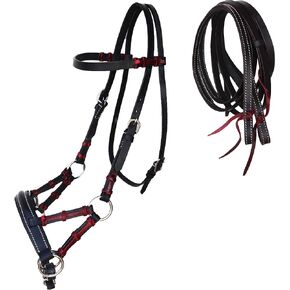 CHALLENGER Horse Western Horse Bitless Black Tan Padded Nose Leather Sidepull Bridle with Reins 77RT04