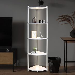 5 Tier Corner Shelf with LED Light, 57.7" Tall Corner Stand Shelves Modern Home Decor Display Floor Lamps, Corner Furniture Open Bookshelf for Bedroom, Office, Living Rooms, White