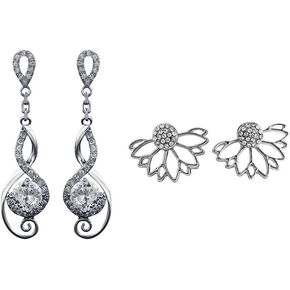 Acxico 2 pcs Hollow lotus-shaped white sapphire stud earrings and water drop note Hao stone crystal pendant stud earrings