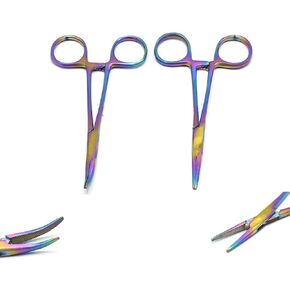 Set of 2 Multi Color Rainbow Mosquito Hemostat Forceps 5" Straight & Curved Pliers Stainless Steel (ODONTOMED2011 Brand)