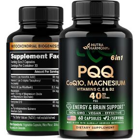 PQQ 40 mg - PQQ with CoQ10 Supplement - Mitochondria Biogenesis & Cellular Energy Production - with Magnesium, Vitamins C, E & B2 - Pure & Highly Bioavailable | Lab Tested - Made in USA - 60 Capsules