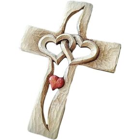 Wooden Wall Cross - 10 inch Carved Cross Intertwined Hearts Love Cross Pendant Hand Carved Design for Wall Hanging Home Decor