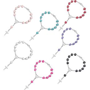 SZQCZB 7Pcs Small Catholic Rosary Bracelet for Women Men,Car Purse and Newborn Babies Prayer Beads for Baptism Christening, Prayer Room, Altar, Bulk Pack (7 Colors & Crucifix Designs)