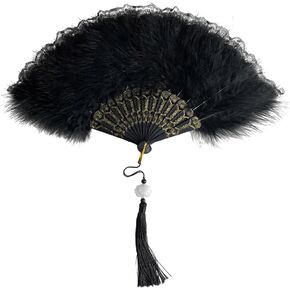 Black Feather Fan 20s Vintage Retro Lace Handheld Folding Hand Fan for Women Girls Halloween Cosplay Costume Photo Props, Party Performance, Dancing Show Tea Party Decorations