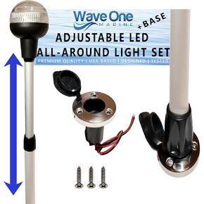 | Adjustable Telescoping All-Around Anchor Light With Stainless Base | LED Boat Pole Aft Stern Navigation USCG 2NM | 12 Volt DC | 360 Night Nav Waterproof 28"-42"