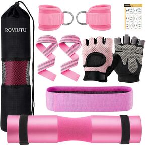 Barbell Pad Set,10 Pcs Barbell Pads for Hip Thrust Squat & Lunges Support,with 2 Workout Ankle Straps, 2 Gym Straps Weight Lifting, 2 Gym Gloves, Resistance Band, Olympic Bar Pad,Carry Bag
