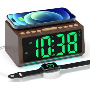 Retro Digital Alarm Clocks for Bedrooms with Large Numbers, Desk Clock with Wireless Charging Station, 7 Mood Lights, Dimmer, Snooze, 12/24H, Loud Alarm Clock for Heavy Sleepers Adults, Vintage Décor