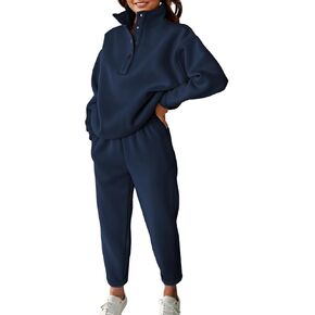 Herseas Women 2 Piece Outfits Half Button Down Drop Shoulder Sweatsuit Casual Fleeced Lounge Sets