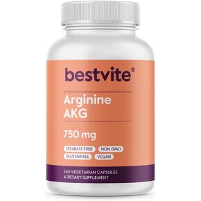 BESTVITE Arginine AKG 750mg (240 Vegetarian Capsules) - No Stearates - Vegan - Non GMO - Gluten Free