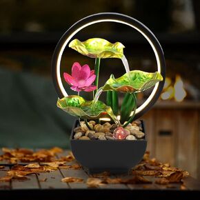 Tabletop Fountain 3-Tiers Lotus Leaf,11" Small Waterfall Fountains Indoor Water Fountain with Rocks and Ring Lights,Desktop Fountains for Meditation Relaxation for Bedroom Living Room Office