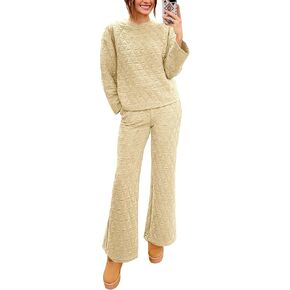 PRETTYGARDEN Women's Quilted 2 Piece Outfit Fall Loungewear Long Sleeve Pullover Top Wide Leg Pants Set Tracksuit