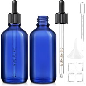 2 Pack, 100ml Dark Amber Dropper Bottle with Measured Dropper - 3.4 oz Brown Glass Tincture Bottles with 1 Funnel & 1 Pipette & 4 Labels, Leakproof Eye Dropper for Oils, Liquids