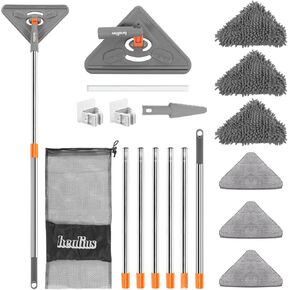 Wall Mop Cleaner with Long Handle 85 Inches, 5-in-1 Ceiling Cleaning Tool Duster with Scrapper & Hook 180° Rotating 6 Replacement Microfiber Chenille Pads for ceiling, Window, Floor, Baseboard